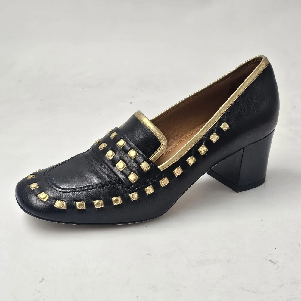Tory Burch Studded Block Heel Loafer Pump Black Gold Leather Left Shoe 6.5 US